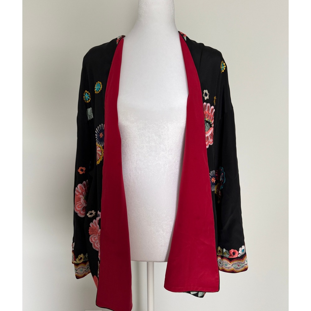 Natori Black Embroidered Kimono Jacket Floral Open Front Boho Statement XL - Picture 6 of 16